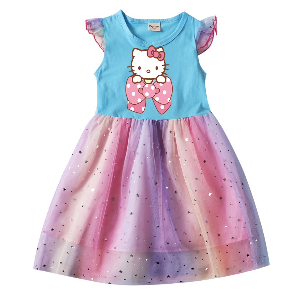 Đầm Công Chúa Tay Ngắn Phối Lưới Đính Kim Sa Họa Tiết Cầu Vồng Họa Tiết Hello Kitty Xinh Xắn Cho Bé Gái