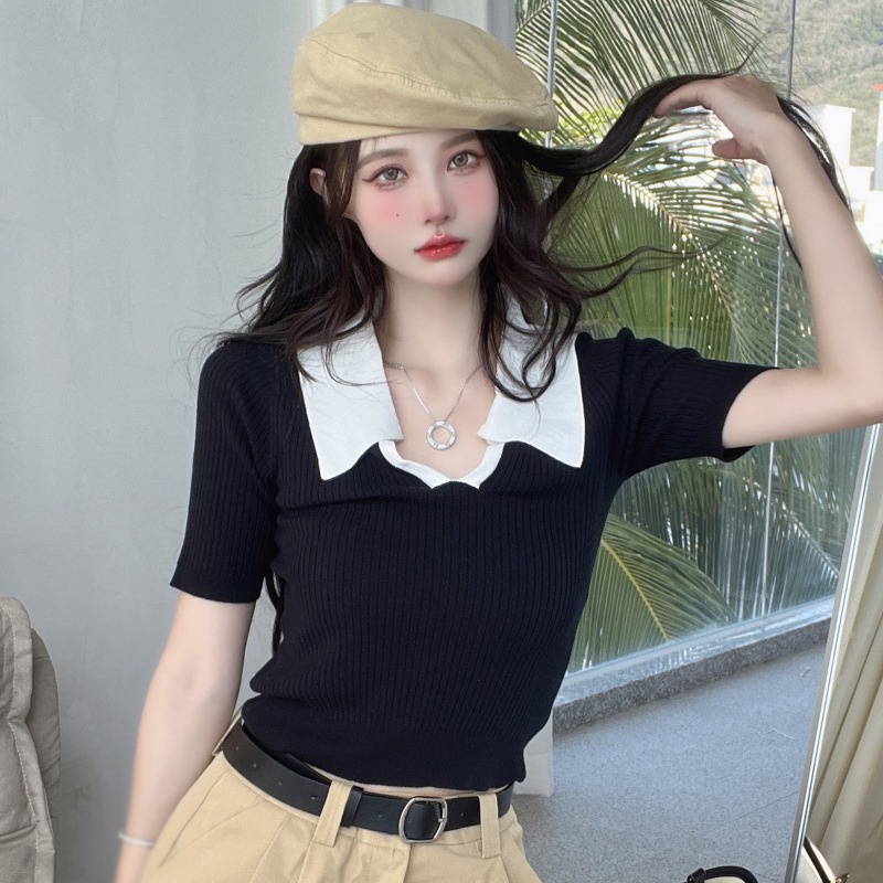 Áo Thun Tay Ngắn Cổ Chữ V Màu Sắc Tương Phản Chất Liệu Lụa Mát Mẻ Trẻ Trung