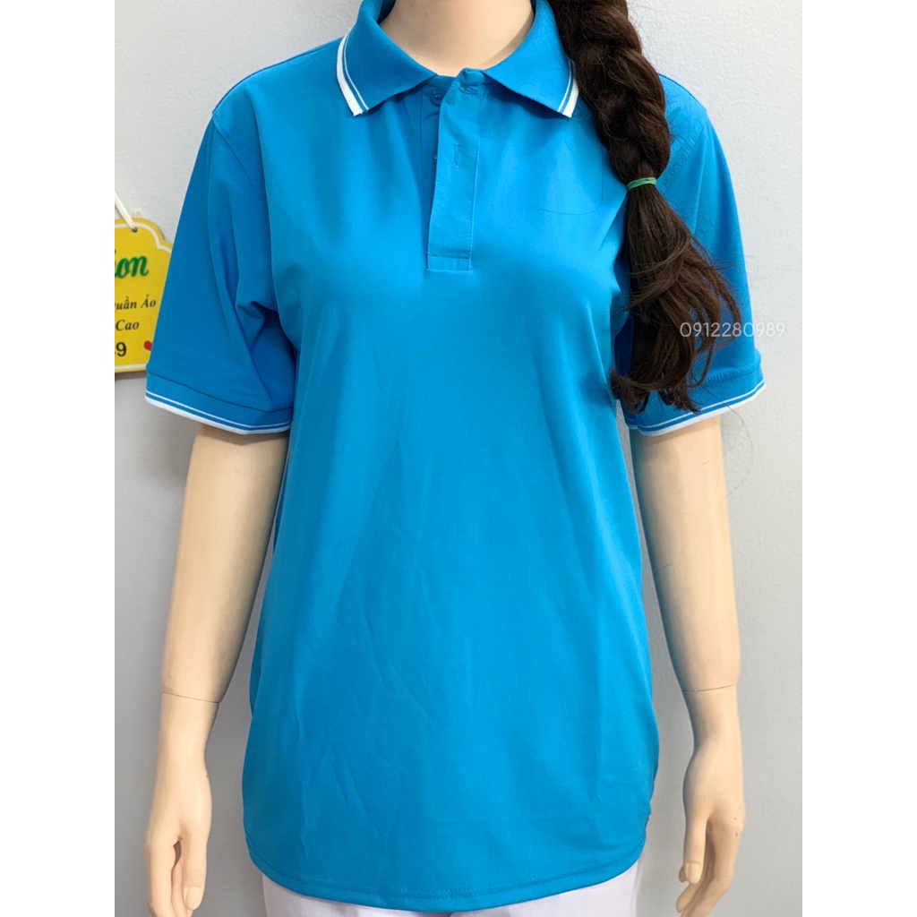 Áo thun có cổ xanh dương viền trắng vải poly Thái cao cấp cho nam nữ _ Hình chụp thật