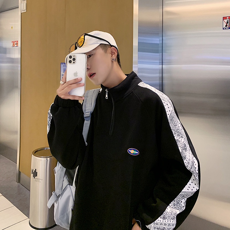 Áo khoác nỉ cổ đứng phối vải nhung họa tiết hoa có khóa kéo thời trang cho nam size M-2XL