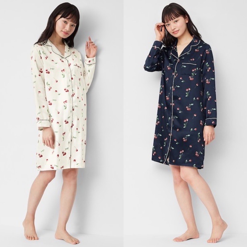 Váy ngủ dài tay pyjama nữ in hình cherry dễ thương của GU - Nhật Bản