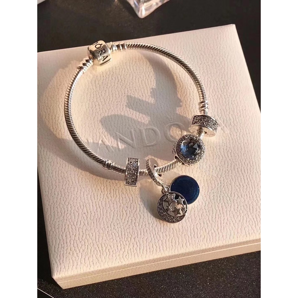PANDORA Bộ Vòng Tay Bạc 925 Gelang Hình Hoa Tuyết Đính Pha Lê Màu Xanh Dương Thời Trang Mới 2021654642
