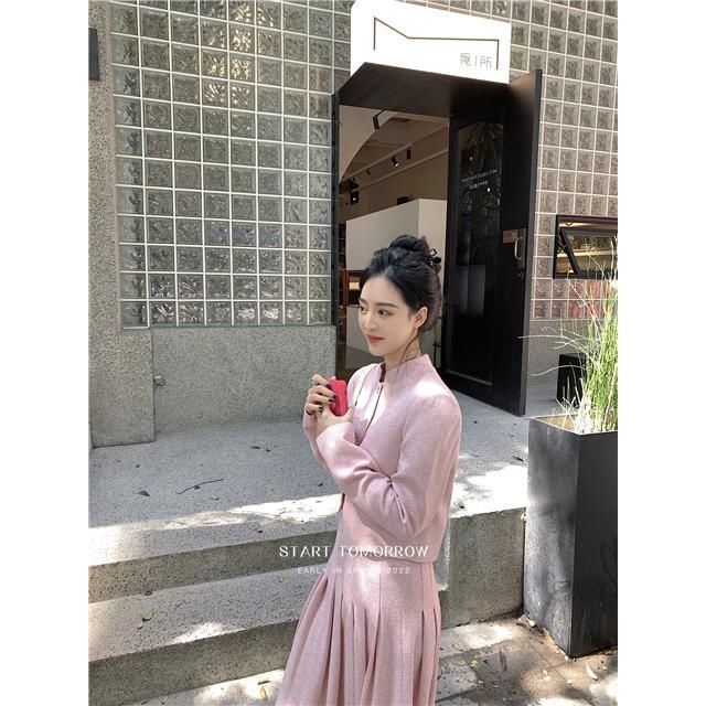 FXDAZI Phong cách mùa thu mới!  dài tay Cardigan Jacket+Pleated Dress Pháp thanh lịch cao cấp