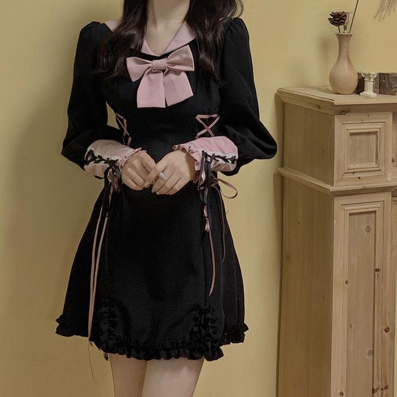 Đầm đen cổ thủy thủ thắt nơ eo phong cách Pháp