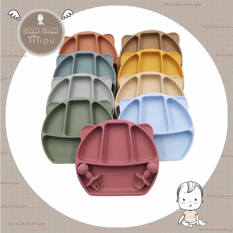 Khay ăn dặm silicon 4 ngăn hình tai gấu có đế chống đổ, không chứa BPA - Shop Mẹ Sam