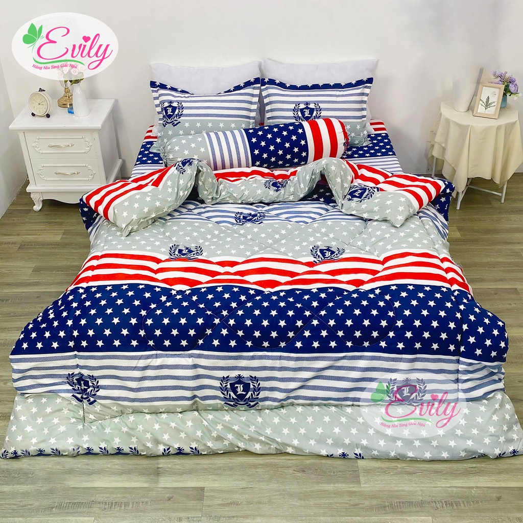 Bộ Mền Phao/Chăn Trần Bông Gòn Kèm Ga Gối (4 Món) Đủ Cỡ M2/M6/M8/2M2 mẫu CỜ MỸ