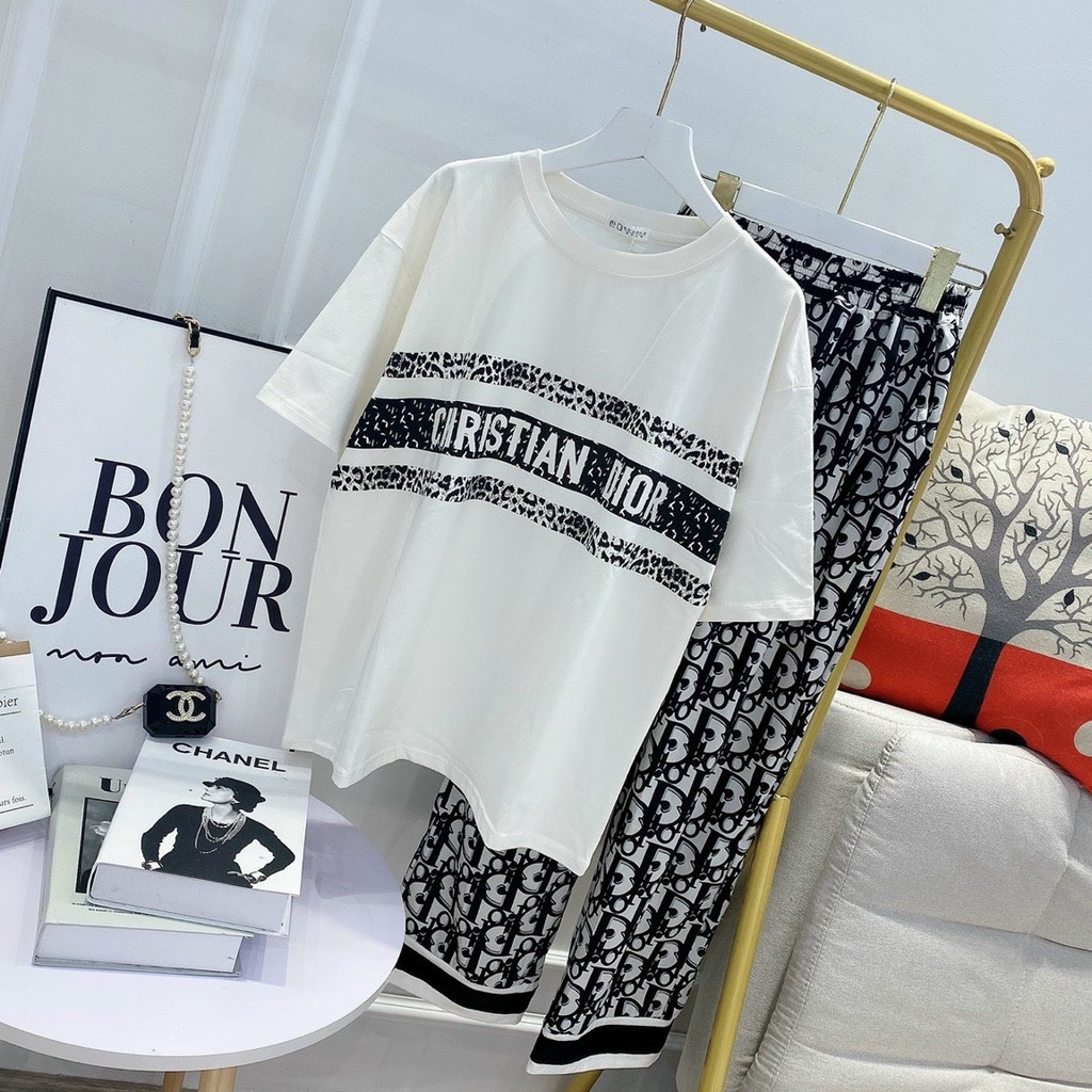 [10.10 Sale Freeship] Set bộ thun Dior áo thun form rộng kèm quần suông dài thoải mái, set năng động trẻ trung