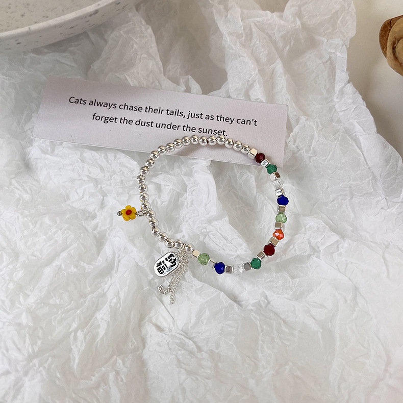 Vòng Tay Chuỗi Hạt Thủy Tinh Nhiều Màu Sắc Đính Hoa Tua Rua Xinh Xắn