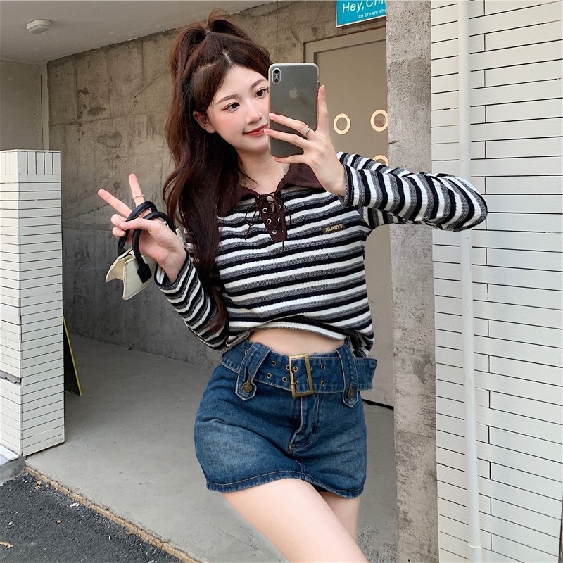 Áo dệt kim ZHELIHANGFEI tay dài cổ bẻ cột dây họa tiết kẻ sọc thời trang trẻ trung cho nữ