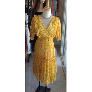 Đầm maxi voan cổ đắp chéo,phối bèo,tay bồng,hình thật