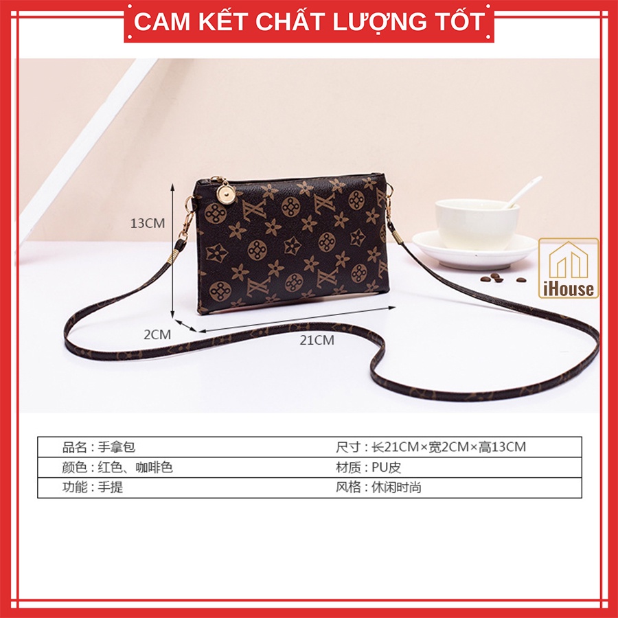 Túi ví ngang nữ có dây đeo vai giá rẻ, Cluth clutch ngang nữ để điện thoại màu nâu Cafe dây đeo nâu và đỏ