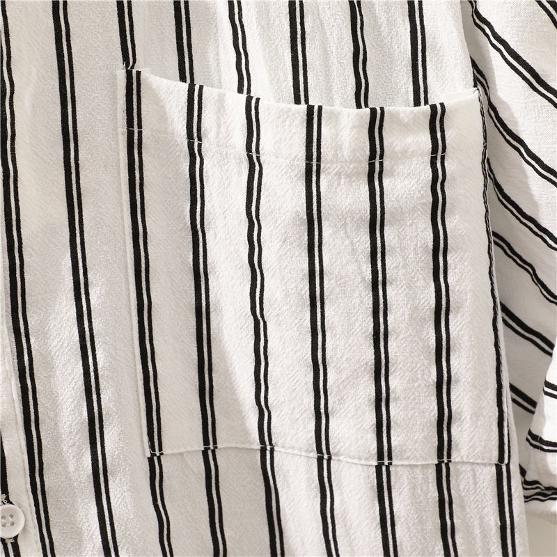 Áo Thun Ngắn Tay Cổ Đứng Dáng Rộng Họa Tiết Kẻ Sọc Thời Trang Mùa Hè Nhật Bản