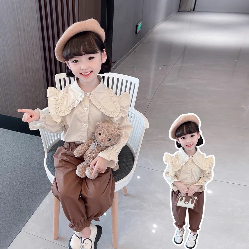 Set sơ mi bèo quần kaki túi thật cho bé gái