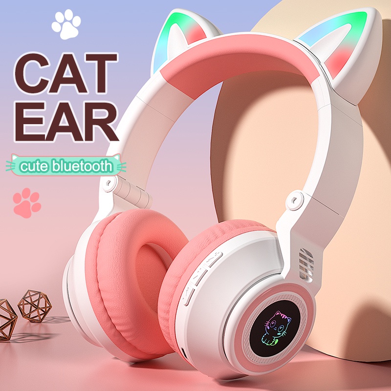 Tai Nghe Chụp Tai Bluetooth Không Dây Có Micro Và Đèn LED Hình Tai Mèo hello kitty Dễ Thương Cho Bé