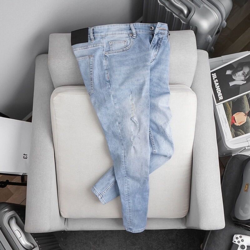 Quần jean nam xanh nhạt xước quần bò nam cao cấp đẹp mẫu mới ống ôm co dãn phong cách thời trang haian jean