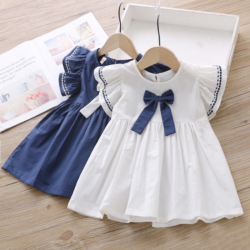 váy bé gái mùa hè hàn quốc QC-KIDS, đầm cho bé chất cotton thắt nơ 2 màu trắng tím than 8-18kg