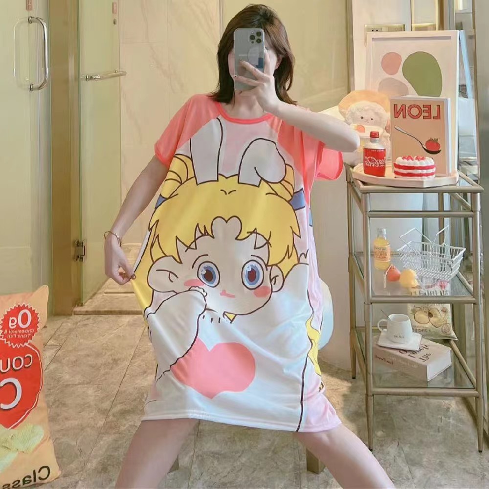 Đầm Ngủ Tay Ngắn Dáng Rộng In Họa Tiết Hoạt Hình Dễ Thương Thời Trang Xuân Thu Cho Nữ