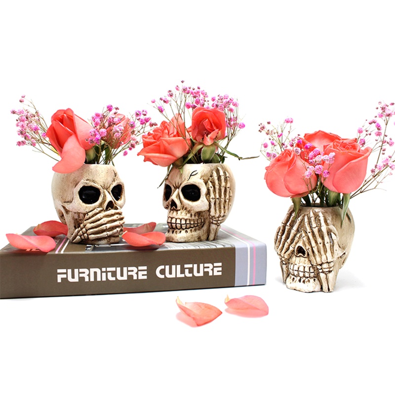 Bộ 3 Chậu Hoa Hình Đầu Lâu Bằng Nhựa Resin Đa Năng