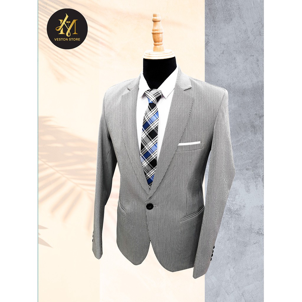 Bộ vest nam tông xám ghi chấm đen nhuyễn chất liệu vải cao cấp dày mịn co giãn tặng combo phụ kiện
