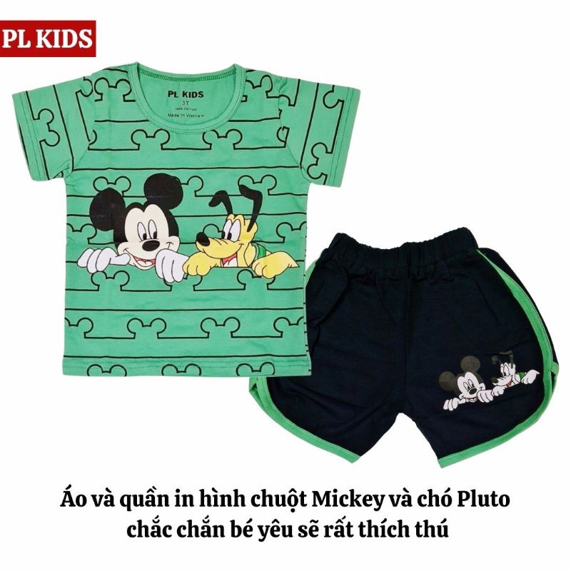 Bộ quần áo cộc tay trẻ em họa tiết Mickey &amp; Pluto cho bé trai và bé gái từ 1 đến 10 tuổi chất đẹp 100% cotton mềm mát