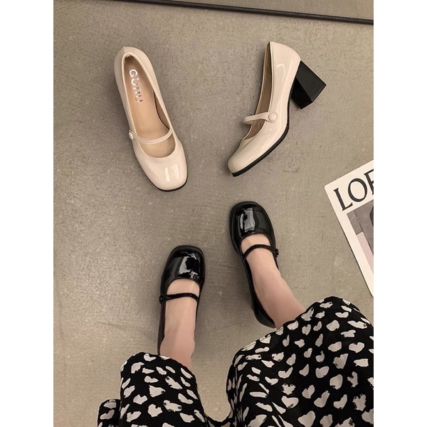 Giày búp bê mũi vuông da bóng gót cao 7cm