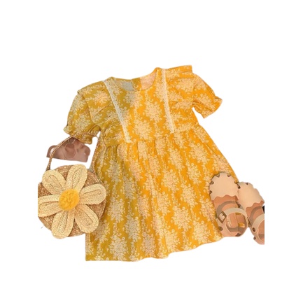 Váy bé gái hoa vàng tay bồng phối bèo ngực XHN867