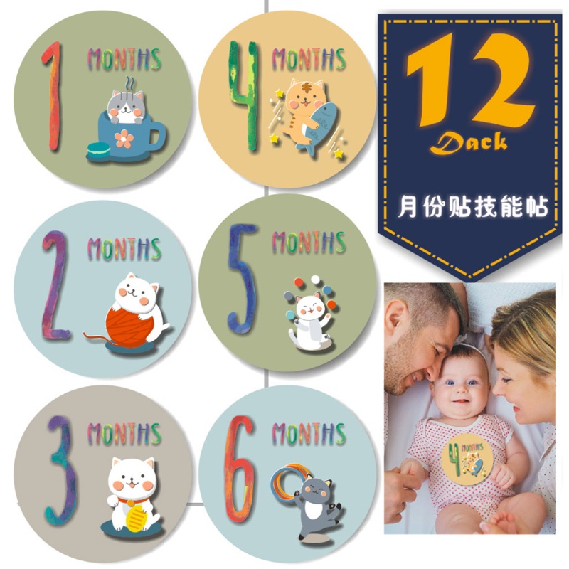 Set 12 Miếng Dán Đánh Dấu Cột Mốc Phát Triển Theo Tháng In Họa Tiết Mèo Cho Bé Sơ Sinh