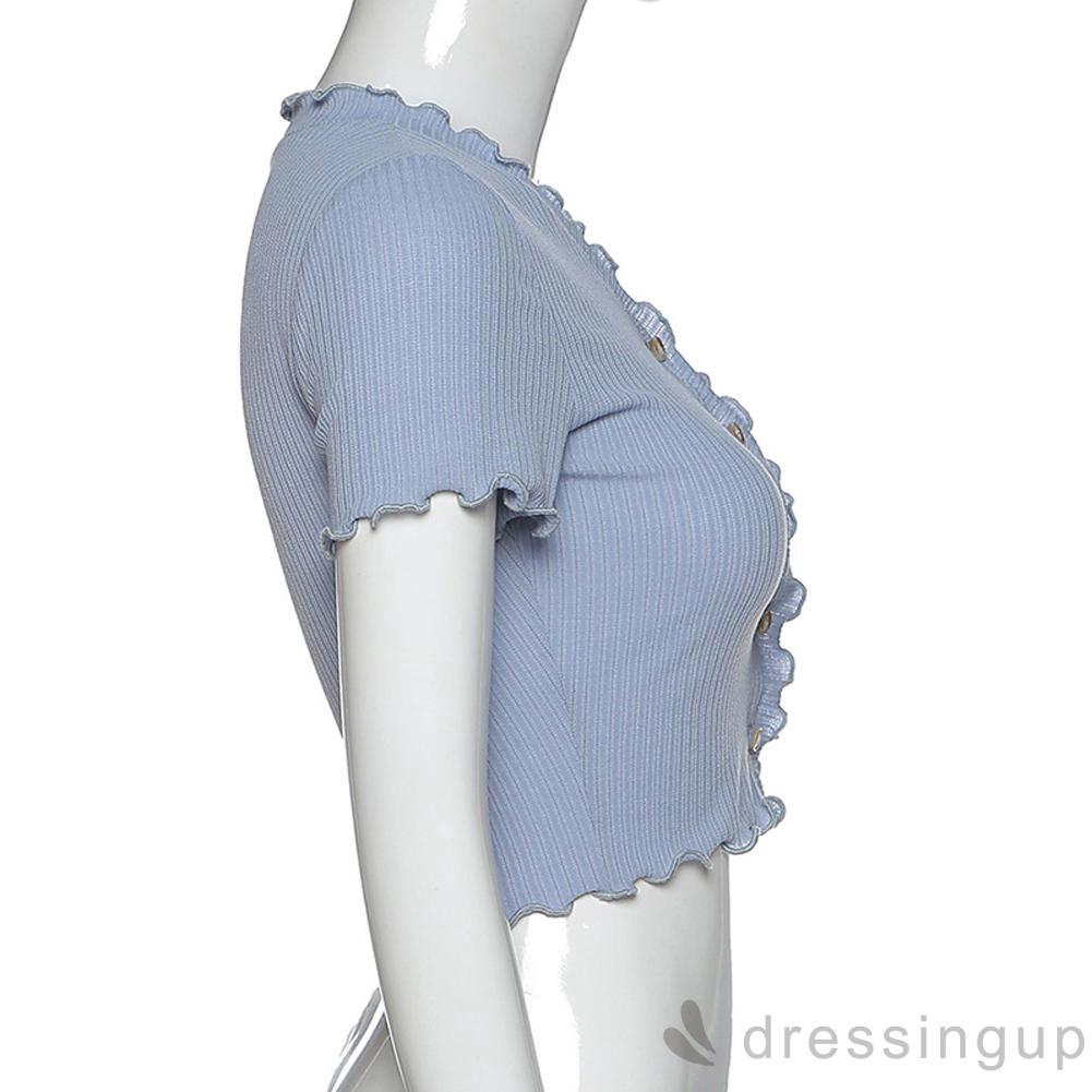 DRESSINGUP-Áo lửng tay ngắn cổ chữ V màu trơn thời trang dành cho nữ