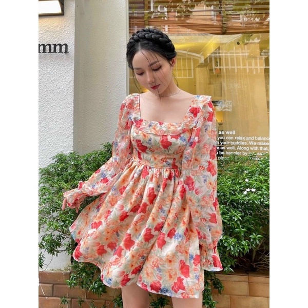 ĐẦM HOA TAY PHỒNG CUTOUT NƠ LƯNG