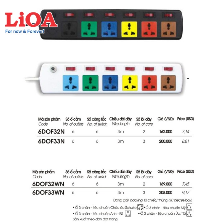 Ổ cắm điện 6 lỗ 6 công tắc LIOA Model 6DOF32N, ~2000W, dây dài 3m