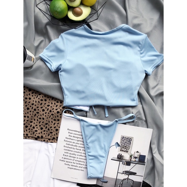 [BKN1228] &lt;ÂU&gt; SET BIKINI XANH BLUE CROPTOP NƠ NGỰC VẢI TĂM QUẦN THONG/LỌT KHE
