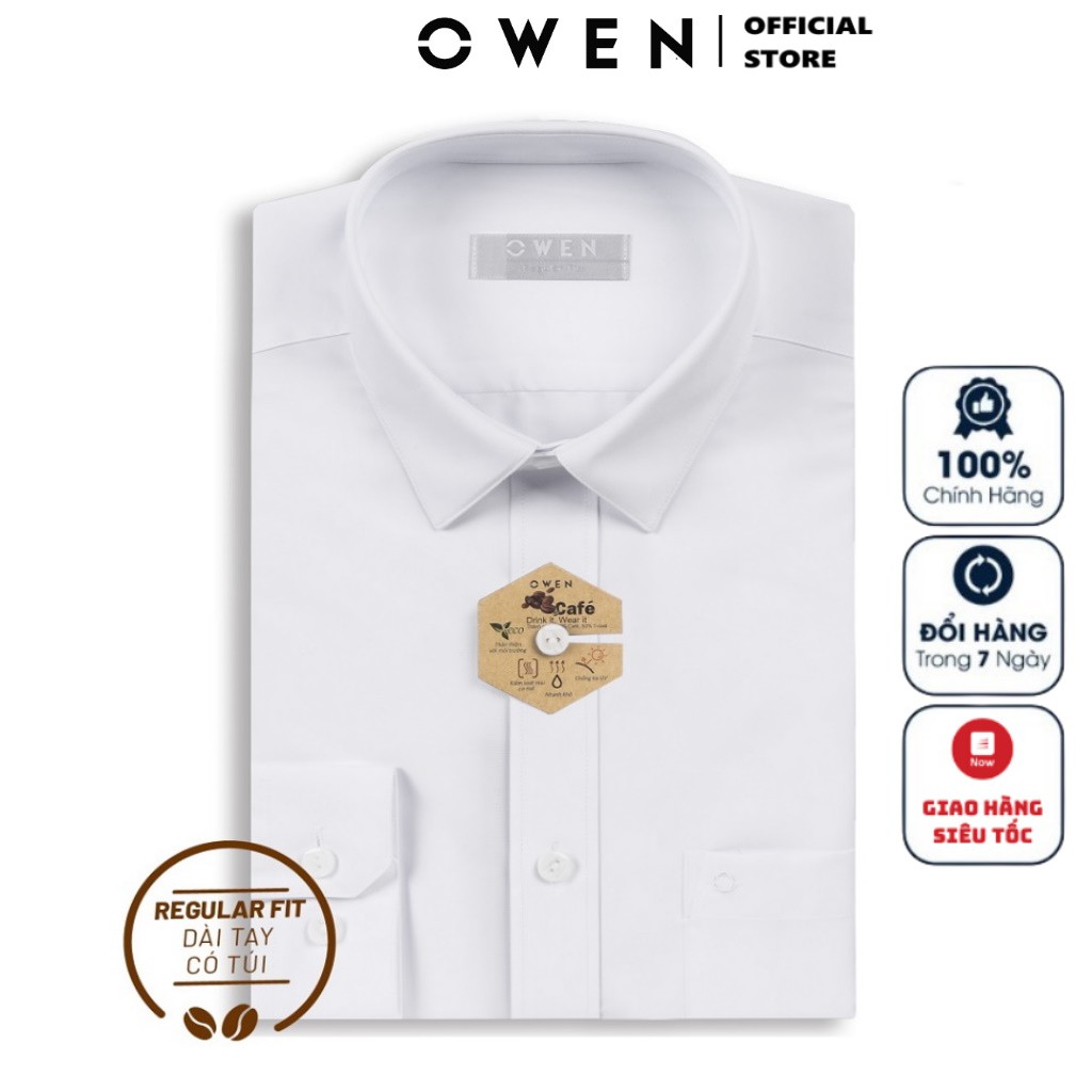 Áo Sơ Mi Trắng Nam Dài Tay Owen Chất Liệu Sợi Café Cao Cấp Mềm Mát Màu Trắng Trơn Kiểu Dáng Regular Fit Tà Lượn Có Túi