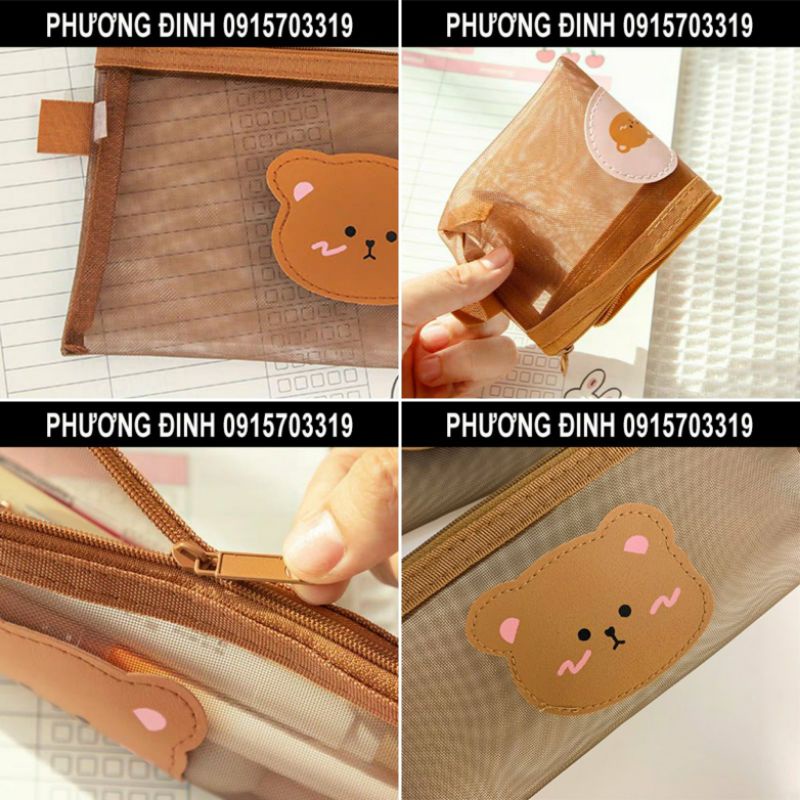 Hộp bút lưới, túi đựng bút trong suốt, bóp viết Gấu nâu dễ thương