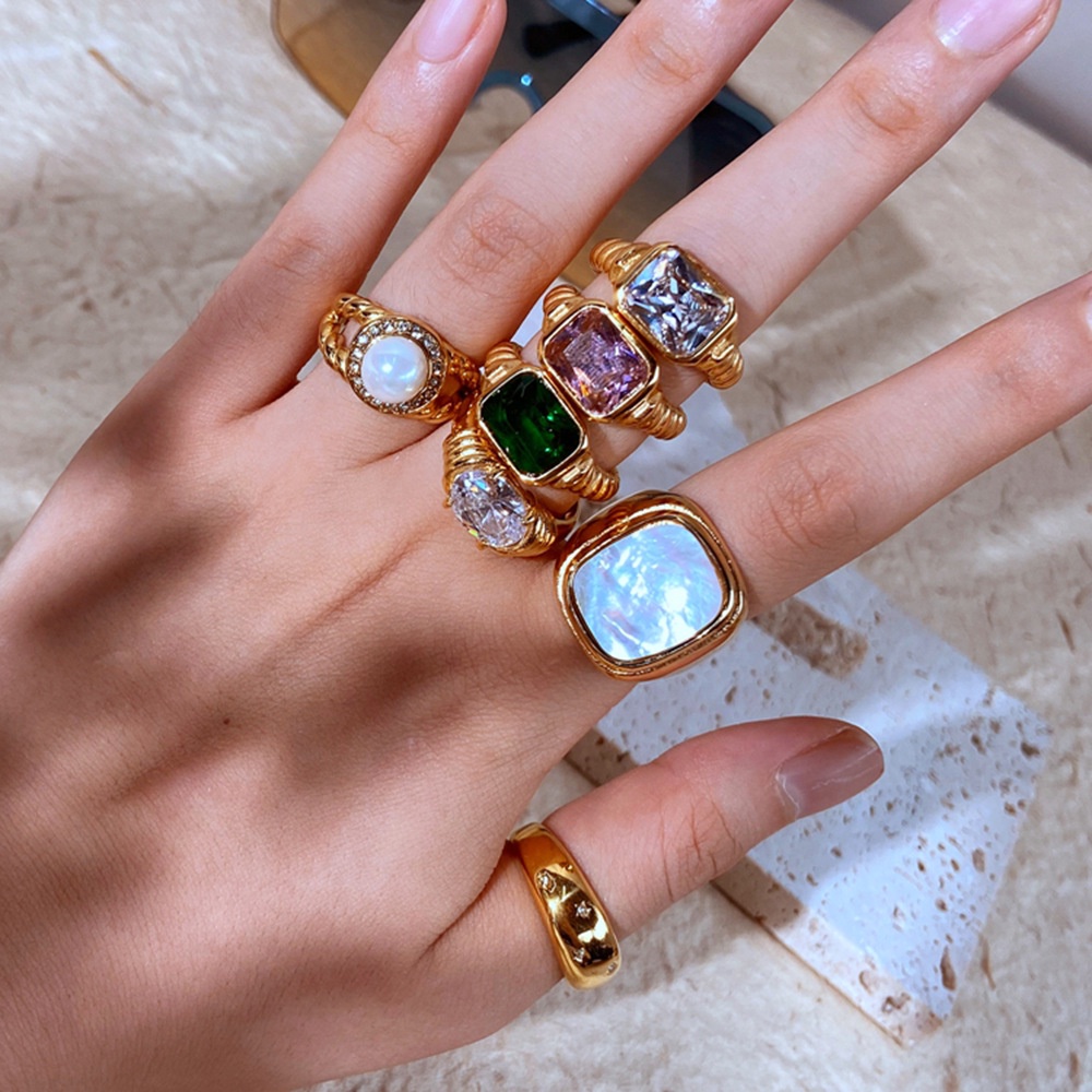 Nhẫn Xoắn Ốc Đính Đá Zircon Màu Hồng / Trắng / Ngọc Lục Bảo Hình Chữ Nhật Phong
