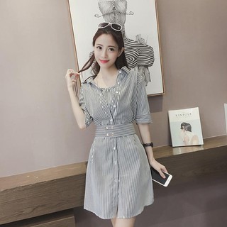 Đầm big size quảng châu sơ mi kẻ sọc giả yếm bên trong áo khoác dính liền D10