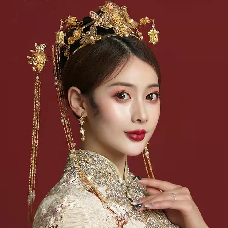 [Aishang Trang Sức Đẹp] Trâm Cài Tóc Xiuhe Vàng Tích Hợp Phụ Kiện Hóa Trang Cô Dâu Phong Cách Trung Hoa Cổ Điển Xiuhe Xiuhe Xiuhe