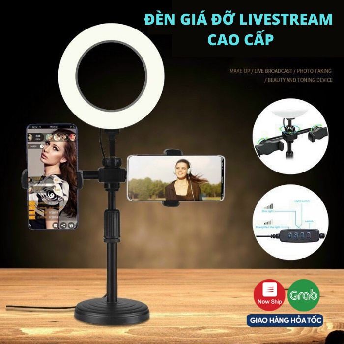 Đèn Livestream để bàn, Tích Hợp Giá Đỡ 2 Điện Thoại Có 3 Chế Độ Sáng, Kẹp Điện Thoại Để Bàn Quay Video Có Đèn Led 3 Màu