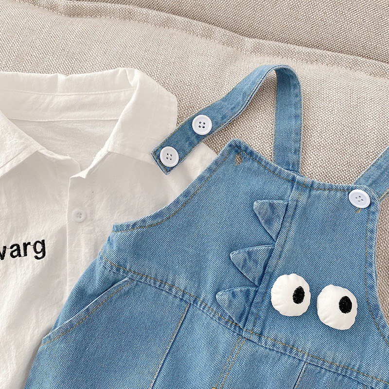 Yếm bò denim trẻ em họa tiết khủng long, họa tiết 3d dập nổi cao cấp
