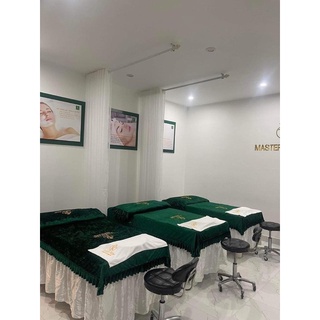 Tấm phủ giường vải nhung nhám cho spa, giường mi có bèo sang trọng