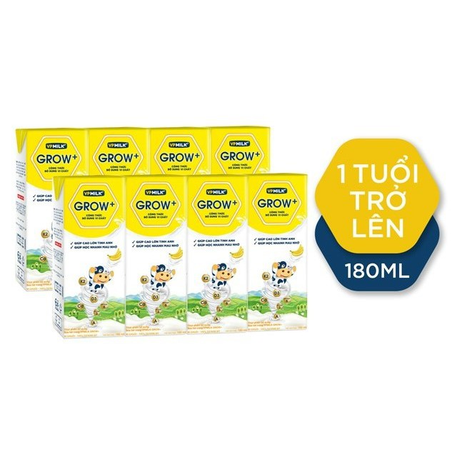 Sữa Tiệt Trùng VPMilk Grow+ Vị Dâu, Vị Chuối - Sữa Tươi Có Đường Hộp Giấy Uống Liền 180ml