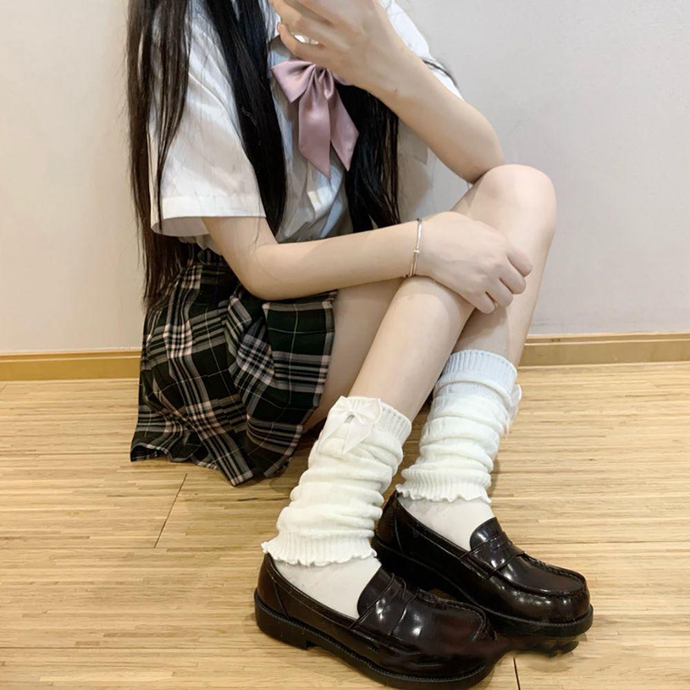 Vớ Ống Chân Dệt Kim Giữ Ấm Màu Trơn Đính Nơ Ren Thời Trang Mùa Thu Cho Nữ