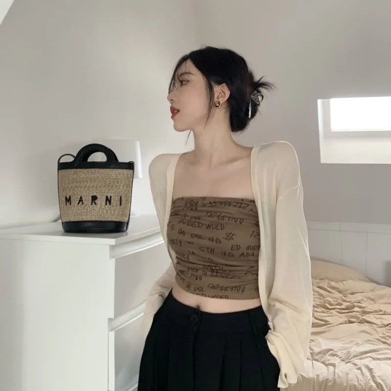 COZOK Set Áo Thun Tay Dài + Áo Khoác cardigan Sát Nách Dáng Ngắn In Chữ Trẻ Trung