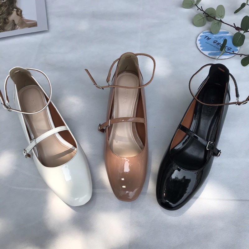 Sandal cao gót 2 dây da bóng màu đen, trắng, nude đậm TH shoes gót 5 cm