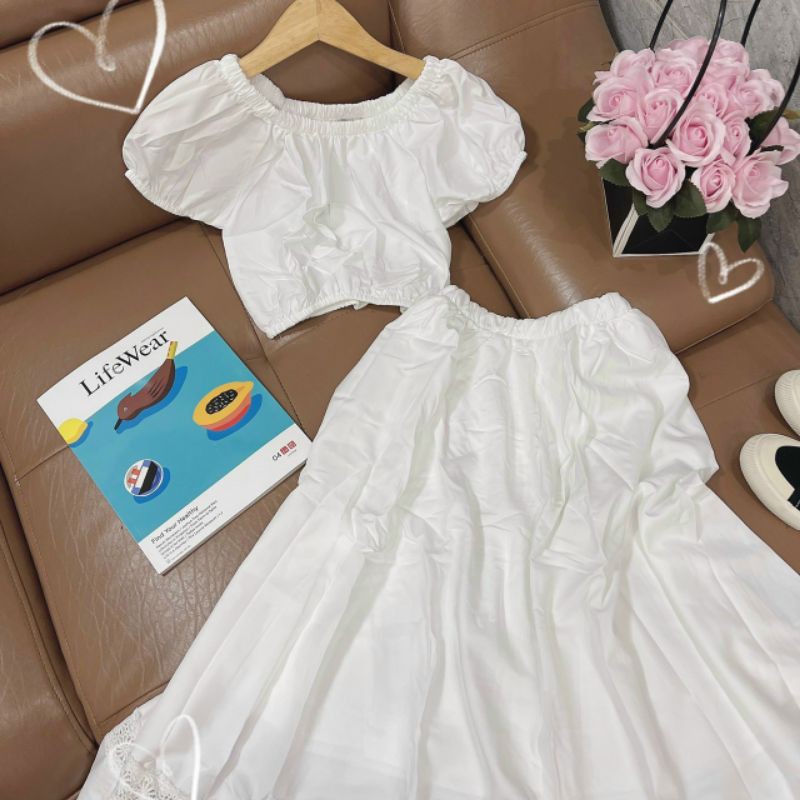 set áo bẹt vai + chân váy xòe midi trắng