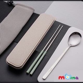 Bộ thìa đũa-muỗng đũa inox có hộp đựng bằng nhựa lúa mạch bảo vệ môi trường, kèm túi dây rút