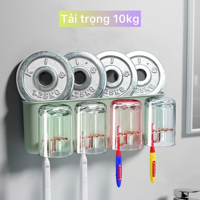 Kệ dán tường treo bàn chải, để sữa rửa mặt, kèm cốc súc miệng, bộ nhả kem tự động, kê để đồ phòng tắm