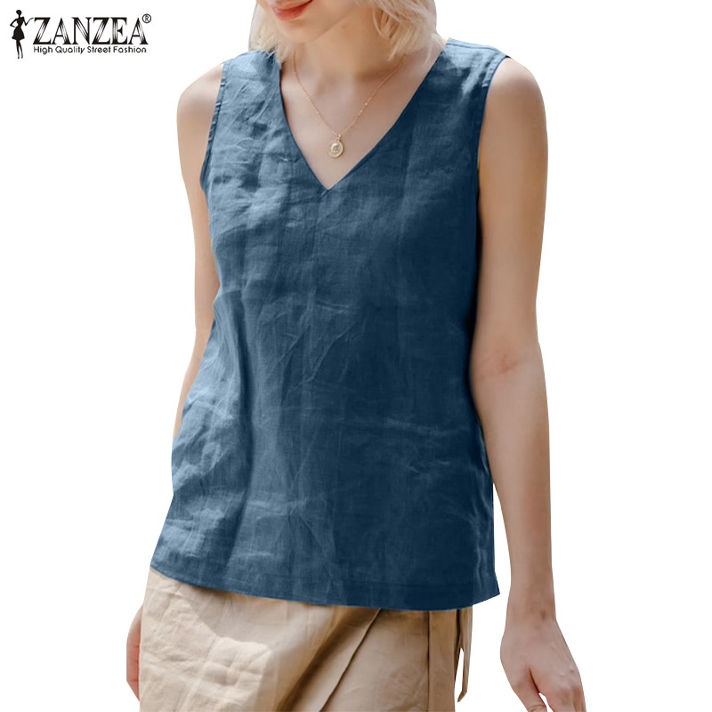 Áo nữ Zanzea không tay cổ chữ V màu trơn thời trang