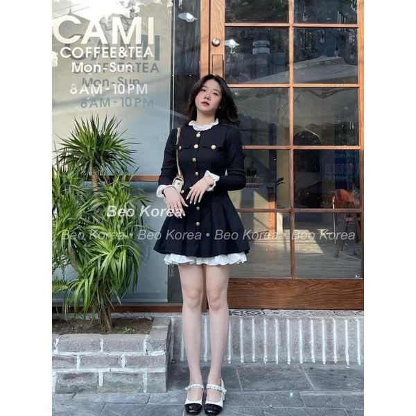 Đầm Đen Phối Bèo Trắng Cúc Đồng Hàng Thiết Kế Quảng Châu Cao Cấp