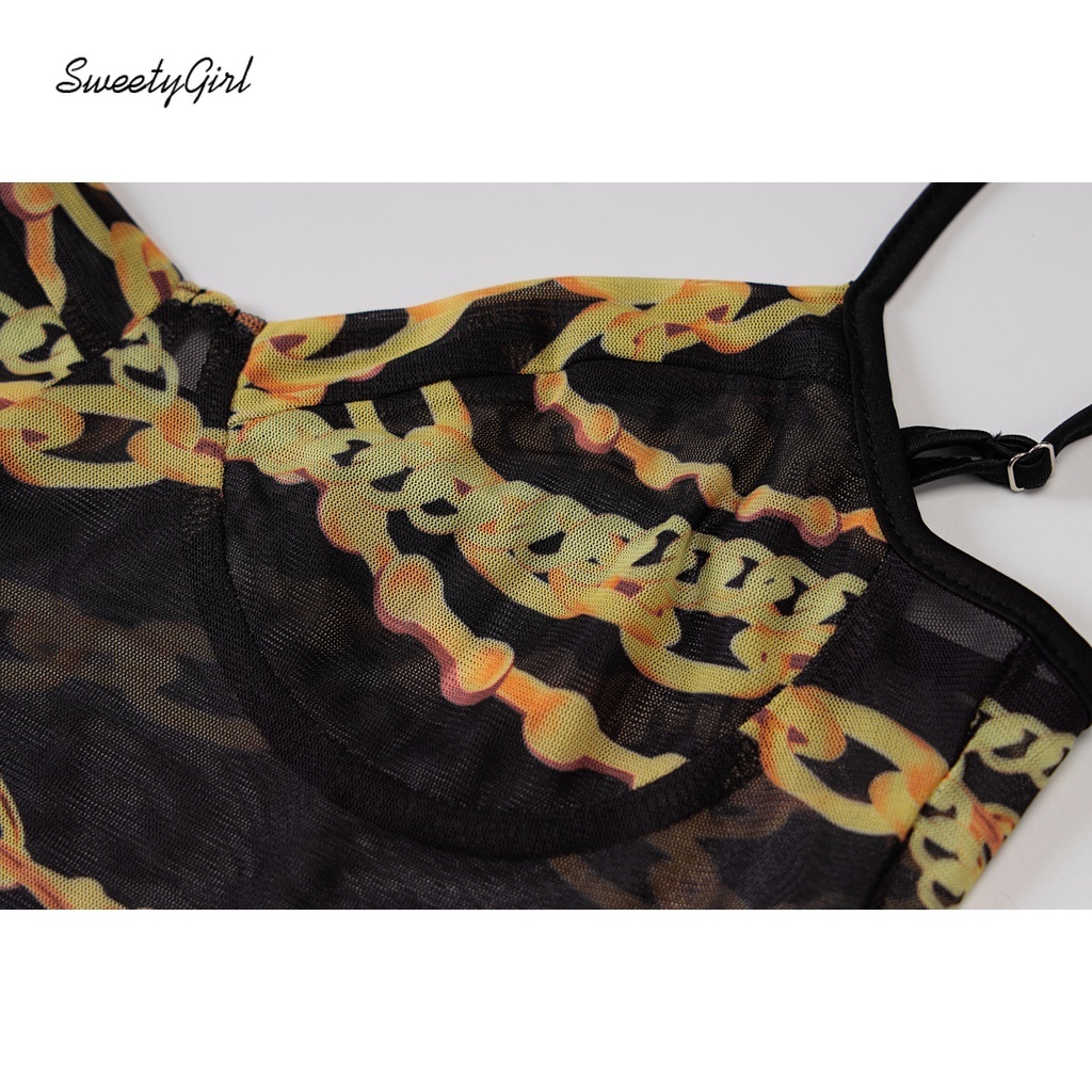 Bộ Áo Liền Quần Trong Suốt Phối Dây Xích Có Thể Điều Chỉnh Thời Trang Cho Nữ