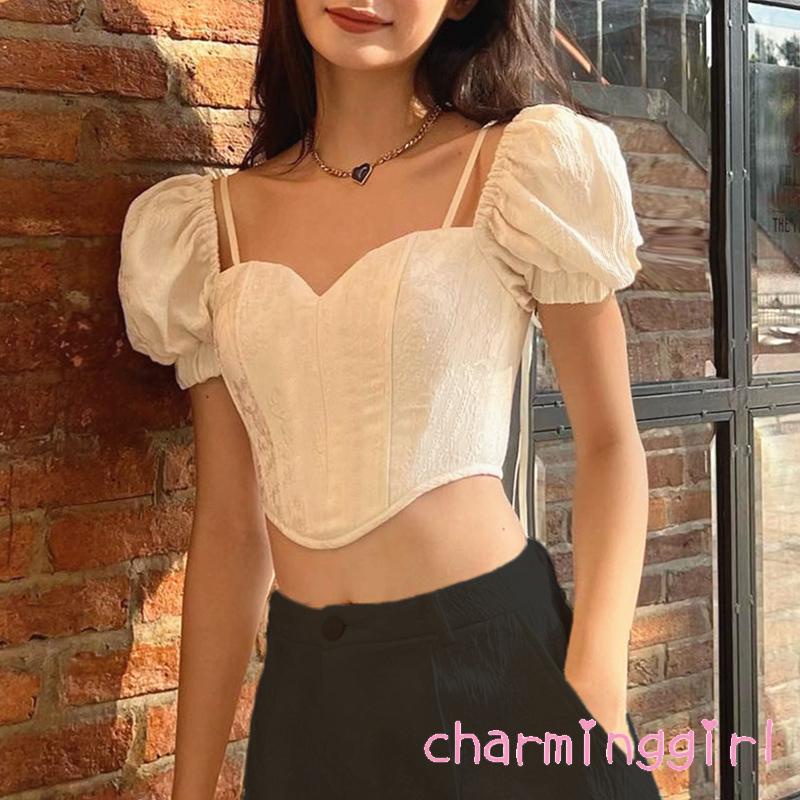 Áo Croptop Tay Phồng Ngắn Cổ Buộc Dây Thiết Kế Độc Đáo Thời Trang Quyến Rũ Cho Nữ